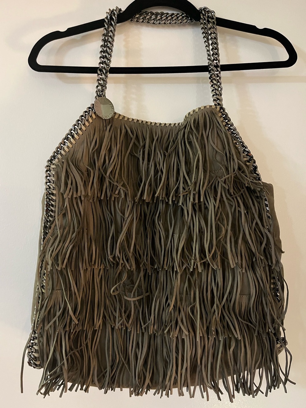 Stella McCartney Falabella Fringe Large Taupe Purse with Silver Chain Strap